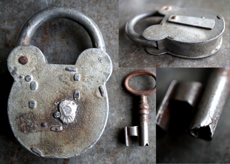 画像4: FRANCE antique クマ型 渋い大きな パドロック 鍵付 1900－1930's