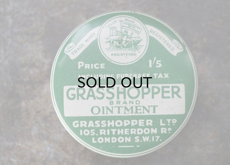画像2: ENGLAND antique イギリスアンティーク GRASSHOPPER Ointment ティン缶 5.5cm ブリキ缶 1930's