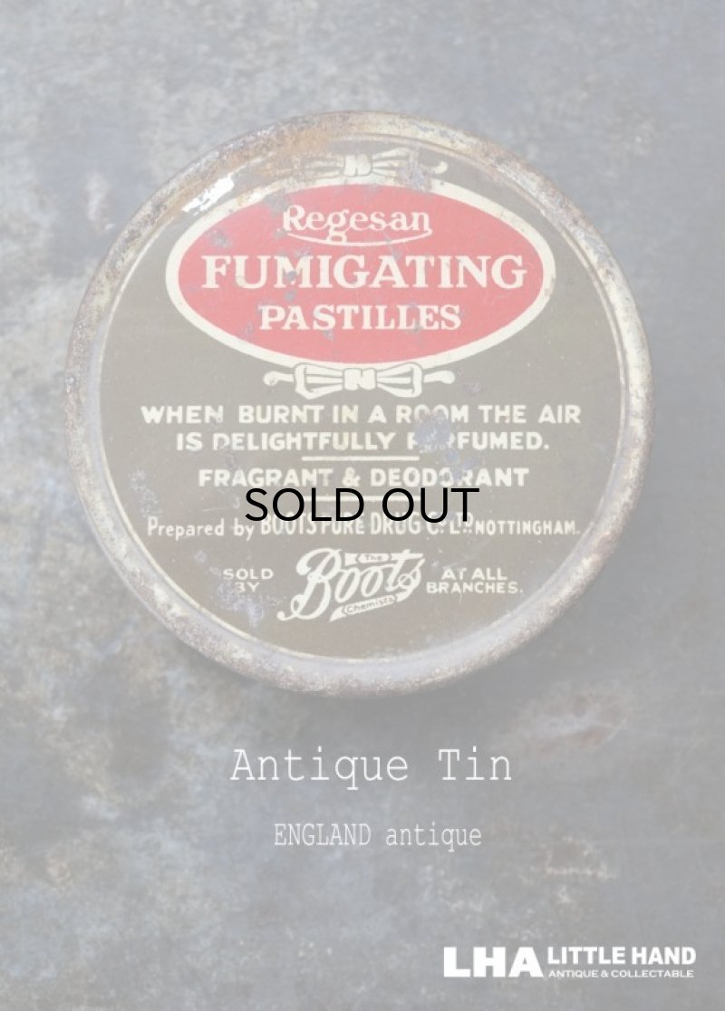 画像1: ENGLAND antique イギリスアンティーク Boots FUMIGATING PASTILLES ティン缶 7.2cm ブリキ缶 1920-30's