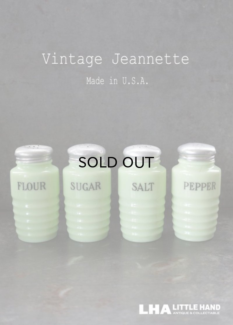 画像1: 【RARE】U.S.A. vintage 【Jeannette】アメリカヴィンテージ ジャネット ライトジェード・シェイカー 4個SET FLOUR SUGAR SALT PEPPER 1930-40's