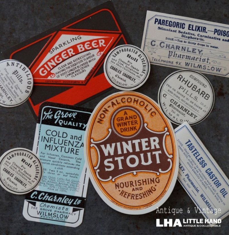 画像1: ENGLAND antique Medical & Drink Bottle Labels 9pcs イギリスアンティーク メディカル・ドリンク ボトルラベル ヴィンテージ 9枚SET デッドストック未使用品 1920-60's