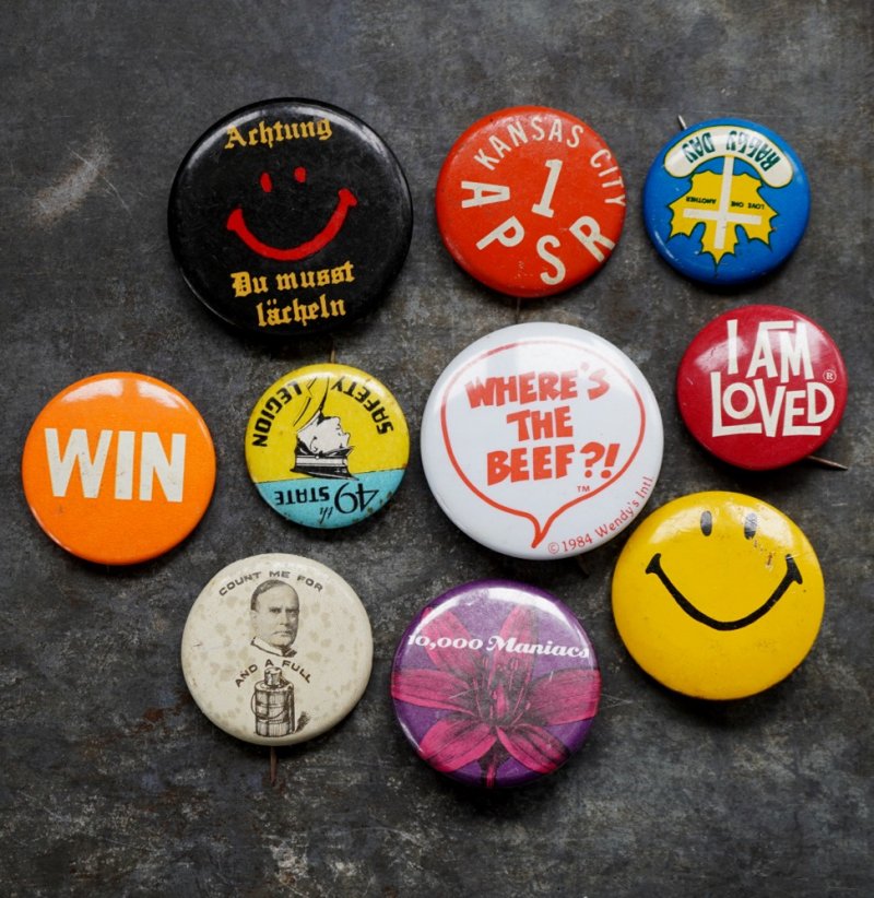 画像1: ENGLAND & U.S.A. antique BADGES 10pcs イギリス&アメリカアンティーク  ヴィンテージ 缶バッジ 10個セット 缶バッチ ビンテージ 1960-90's 