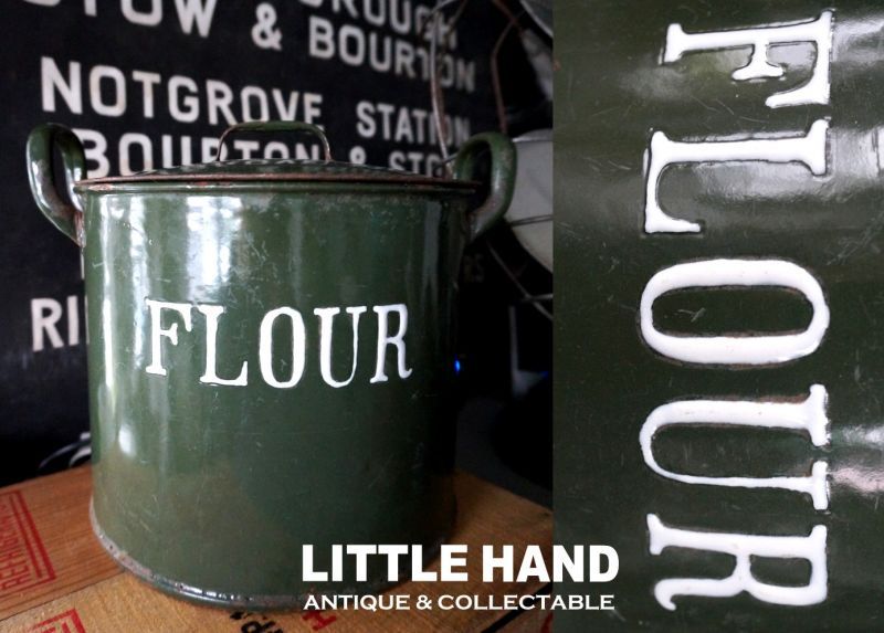 【RARE】ENGLAND antique 渋いダークグリーン フラワー缶 FLOUR 1920's - LITTLE HAND