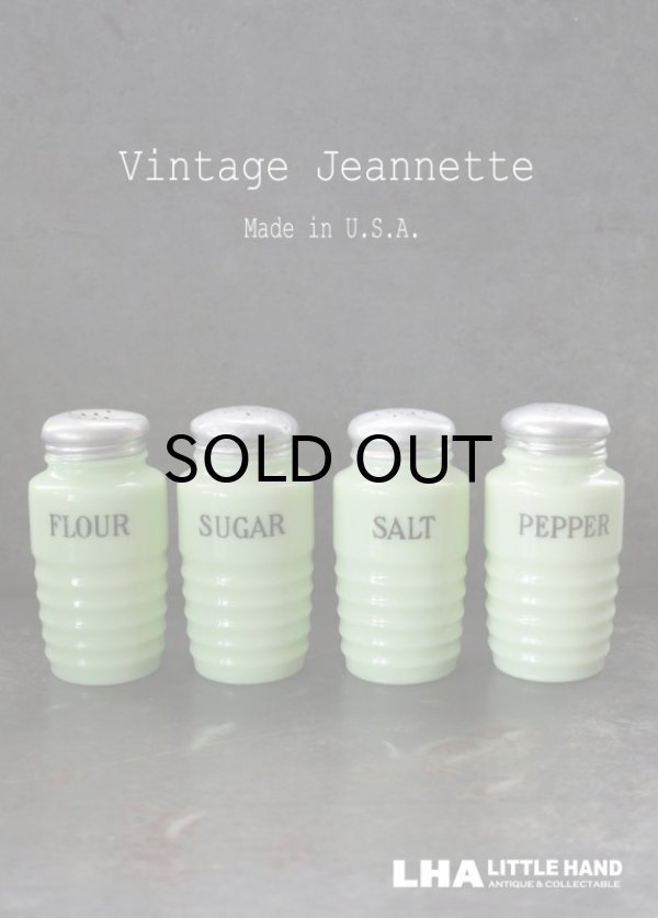 画像1: 【RARE】U.S.A. vintage 【Jeannette】アメリカヴィンテージ ジャネット ライトジェード・シェイカー 4個SET FLOUR SUGAR SALT PEPPER 1930-40's