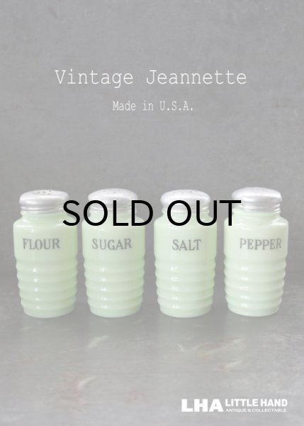 画像1: 【RARE】U.S.A. vintage 【Jeannette】アメリカヴィンテージ ジャネット ライトジェード・シェイカー 4個SET FLOUR SUGAR SALT PEPPER 1930-40's (1)
