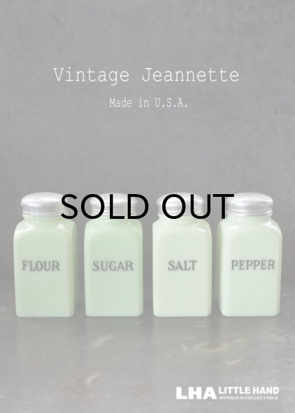 画像1: 【RARE】U.S.A. vintage 【Jeannette】アメリカヴィンテージ ジャネット ライトジェード・スクエアシェイカー 4個SET FLOUR SUGAR SALT PEPPER 1930-40's (1)