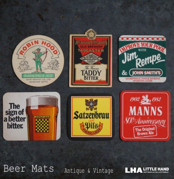 画像1: ENGLAND antique ADVERTISING Beer Mats イギリスアンティーク アドバタイジング ビアマット コースター 広告入り ヴィンテージ 6枚SET 1970-80's (1)