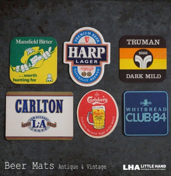 画像1: ENGLAND antique ADVERTISING Beer Mats イギリスアンティーク アドバタイジング ビアマット コースター 広告入り ヴィンテージ 6枚SET 1970-80's (1)