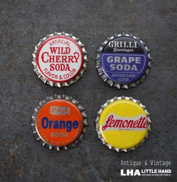 画像1: USA antique SODA Bottle Cap Magnets 4pcs アメリカアンティーク ボトルキャップ マグネット 4個SET ヴィンテージ 1950-70's (1)