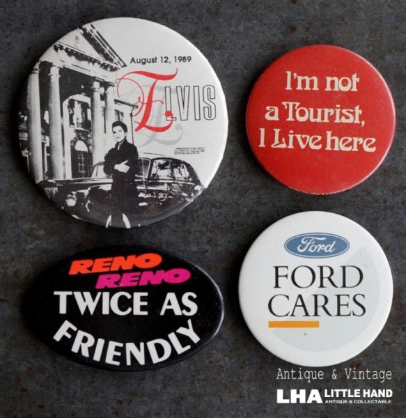 画像1: ENGLAND & U.S.A. antique BADGES 4pcs イギリス&アメリカアンティーク  ヴィンテージ 缶バッジ 4個セット 缶バッチ ビンテージ 1970-90's  (1)