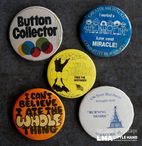 画像1: ENGLAND & U.S.A. antique BADGES 5pcs イギリス&アメリカアンティーク  ヴィンテージ 缶バッジ 5個セット 缶バッチ ビンテージ 1970-90's  (1)