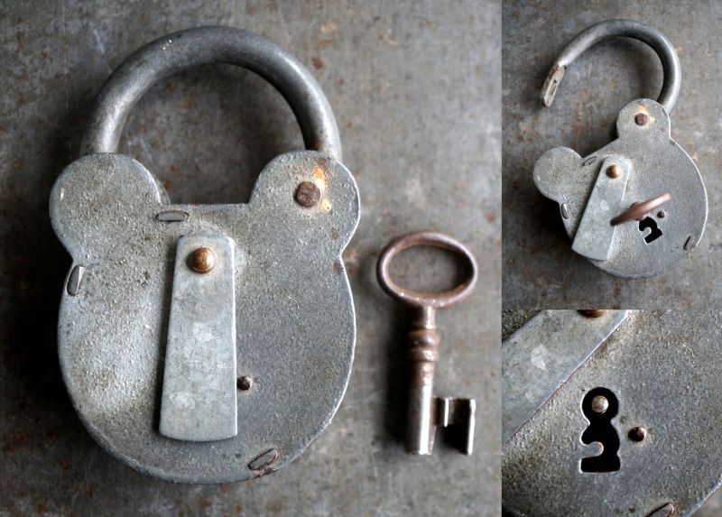 画像3: FRANCE antique クマ型 渋い大きな パドロック 鍵付 1900－1930's