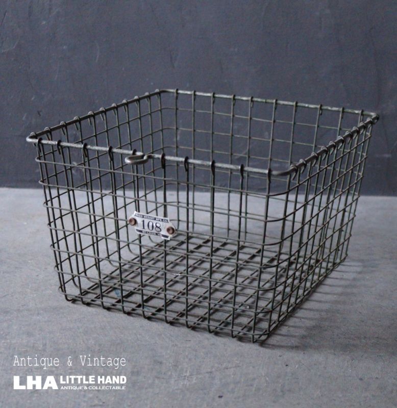 antique Wire Basket アメリカアンティーク ナンバータグ付き ワイヤーバスケット ワイド型 ヴィンテージ  1950-70's LITTLE HAND ANTIQUE 【LHA】