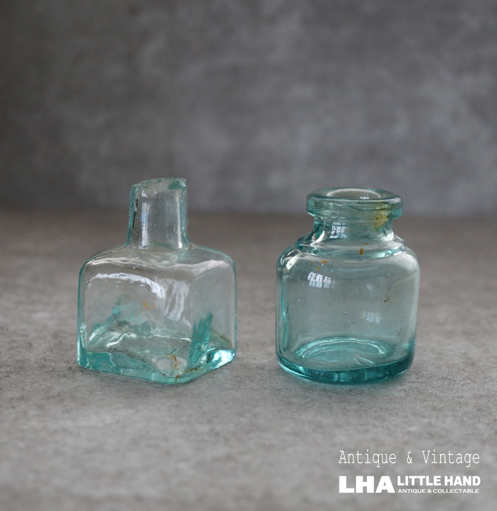 画像1: ENGLAND antique ink Bottles 2pcs イギリスアンティーク ガラス インクボトル 2個SET 瓶 ガラスボトル 1890－1910's